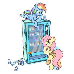 Size: 1600x1600 | Tagged: safe, artist:morningbullet, fluttershy, rainbow dash, pegasus, pony, bottle, drink, simple background, soda, soda can, spread wings, thinking, vending machine, white background, wings