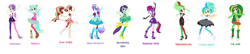 Size: 4138x894 | Tagged: safe, artist:leahrow, artist:selenaede, aqua blossom, blueberry cake, mystery mint, paisley, rose heart, starlight, sweet leaf, tennis match, watermelody, human, equestria girls, g4, my little pony equestria girls: rainbow rocks, base used, boots, clothes, ear piercing, earring, gloves, high heel boots, high heels, jewelry, looking at you, multicolored hair, necklace, open mouth, open smile, pegasus wings, piercing, pigtails, ponied up, pony ears, ponytail, rainbow hair, rainbow rocks outfit, rockstar, shoes, simple background, smiling, smiling at you, white background, wings