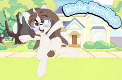 Size: 4000x2644 | Tagged: safe, artist:chaosllama, oc, oc only, oc:mocha bean macchiato, pony, unicorn, beanie, belly button, detailed background, freckles, glasses, grass, happy, hat, hoof heart, horn, house, jumping, poster, short tail, solo, tail, tree, underhoof