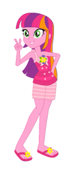 Size: 259x625 | Tagged: safe, artist:leahrow, artist:mak2020, artist:selenaede, beachberry (g4), human, equestria girls, g4, base used, clothes, cutie mark on clothes, equestria girls-ified, hand on hip, peace sign, sandals, shoes, simple background, smiling, solo, swimsuit, white background