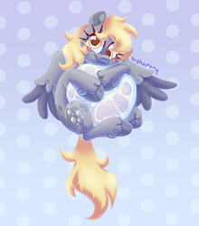 Size: 2421x2751 | Tagged: safe, artist:bishopony, derpy hooves, pegasus, pony, blush scribble, blushing, bubble, cute, derpabetes, floating, gradient background, high res, hug, long eyelashes, looking at you, patterned background, signature, smiling, smiling at you, solo, spread wings, unshorn fetlocks, wings