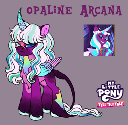 Size: 1280x1243 | Tagged: safe, artist:malinraf1615, screencap, opaline arcana, alicorn, pony, g5, alternate design, alternate hairstyle, chest fluff, curved horn, female, gray background, heterochromia, horn, leonine tail, mare, markings, missing cutie mark, my little pony logo, redesign, scar, simple background, slit pupils, solo, story included, tail
