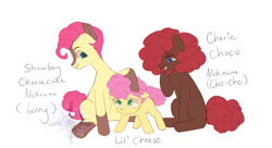 Size: 1024x558 | Tagged: safe, artist:boringartist, li'l cheese, oc, oc:cherie choc, oc:strawberry cheesecake, earth pony, pony, coat markings, colt, eyeshadow, female, filly, foal, grin, high res, hoof on head, lidded eyes, makeup, male, name, offspring, parent:cheese sandwich, parent:pinkie pie, parents:cheesepie, siblings, simple background, smiling, socks (coat markings), trio, white background