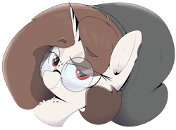 Size: 2258x1662 | Tagged: safe, artist:chaosllama, oc, oc only, oc:mocha bean macchiato, pony, unicorn, beanie, bust, freckles, glasses, hat, horn, looking at you, portrait, simple background, smiling, smirk, solo, transparent background