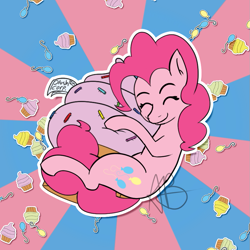 Size: 851x851 | Tagged: safe, artist:mranthony2, pinkie pie, earth pony, pony, g4, balloon, cupcake, eyes closed, food, giant food, hug, plushie, smiling, solo, sticker, sunburst background, that pony sure does love cupcakes