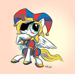 Size: 3136x3128 | Tagged: safe, artist:lytlethelemur, oc, oc only, oc:swift wing, pegasus, pony, eyepatch, female, mare, pegasus oc, pomni, simple background, solo, the amazing digital circus, wings