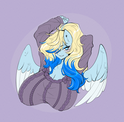 Size: 2290x2251 | Tagged: safe, artist:tomi_ouo, oc, oc only, oc:azure opus, pegasus, anthro, big breasts, blind, blushing, breasts, bust, clothes, ear piercing, female, huge breasts, mare, piercing, smiling, solo, spread wings, stretching, sweater, sweater puppies, two toned mane, wings