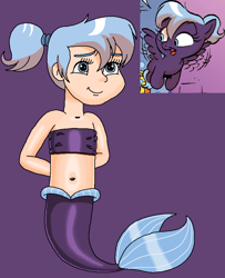 Size: 676x834 | Tagged: safe, artist:ocean lover, idw, loop de loop, human, mermaid, pegasus, pony, g4, my little pony: friends forever, spoiler:comic, arm behind back, bandeau, bare shoulders, bashful, belly, belly button, blue eyes, blue hair, child, cute, fins, fish tail, happy, human coloration, humanized, innocent, light skin, mermaid tail, mermaidized, mermay, midriff, ms paint, ponytail, purple background, purple tail, reference, shy, simple background, sleeveless, smiling, species swap, tail, tail fin