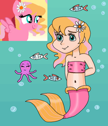Size: 706x825 | Tagged: safe, artist:mlplary6, artist:ocean lover, idw, oc, oc:melody blossom, fish, human, mermaid, octopus, friends forever, g4, spoiler:comic, arm behind back, bandeau, bare shoulders, bashful, belly, belly button, blonde hair, blue eyes, bubble, child, cute, fins, fish tail, flower, flower in hair, happy, human coloration, humanized, innocent, light skin, mermaid tail, mermaidized, mermay, midriff, ms paint, offspring, parent:big macintosh, parent:fluttershy, parents:fluttermac, pink tail, reference, shy, simple background, sleeveless, smiling, species swap, tail, tail fin, teal eyes, two toned hair, underwater, water