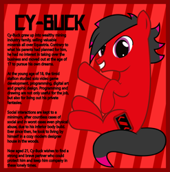 Size: 1789x1812 | Tagged: safe, artist:cardshark777, oc, oc only, oc:cy-buck, earth pony, pony, backstory, earth pony oc, lore, male, male oc, red coat, reference sheet, simple background, solo, tail, text, two toned mane, two toned tail