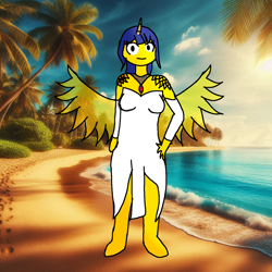 Size: 1280x1280 | Tagged: safe, ai assisted, ai content, oc, oc only, oc:ank atsubaishi, alicorn, human, arabian, beach, humanized, ibispaint x, looking at you, ocean, palm tree, solo, tree, water