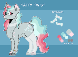 Size: 2320x1714 | Tagged: safe, artist:captaincassidy, oc, oc only, oc:taffy twist, unicorn, g4, big ears, blue background, blue mane, bracelet, cutie mark, freckles, gray coat, heterochromia, hooves, horn, jewelry, lace, lace collar, lace stockings, light gray coat, pink mane, reference sheet, simple background, tail, two toned mane, white lace