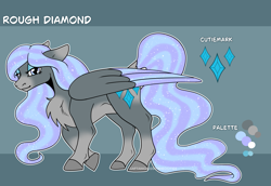 Size: 2903x2000 | Tagged: safe, artist:captaincassidy, oc, oc only, oc:rough diamond, pegasus, female, gray coat, hooves, large wings, mare, pegasus oc, purple mane, reference sheet, solo, sparkly mane, tan coat, wings