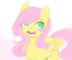Size: 1200x1000 | Tagged: safe, artist:moshuijiumu, fluttershy, pegasus, pony, g4, female, gradient background, green eyes, mare, open mouth, open smile, palindrome get, pink mane, smiling, solo, yellow coat