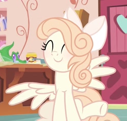 Size: 1275x1220 | Tagged: safe, artist:cstrawberrymilk, gummy, oc, oc:meringue pie, pegasus, pony, g4, ^^, bow, eyes closed, female, hair bow, mare, screencap background, smiling, spread wings, wings