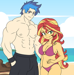 Size: 2750x2816 | Tagged: safe, artist:aokushan, flash sentry, sunset shimmer, human, equestria girls, g4, beach, belly button, bikini, breasts, busty sunset shimmer, clothes, duo, duo male and female, female, flex sentry, male, muscles, muscular male, ship:flashimmer, shipping, straight, swimming trunks, swimsuit, wristband