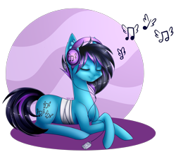 Size: 4500x4000 | Tagged: safe, artist:squishkitti, oc, oc:despy, earth pony, pony, absurd resolution, female, headphones, lying down, mare, prone, solo