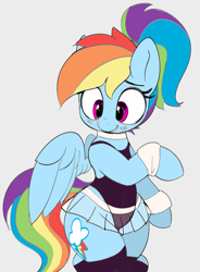 Size: 1997x2714 | Tagged: safe, artist:pabbley, color edit, edit, rainbow dash, pegasus, pony, semi-anthro, g4, alternate hairstyle, bipedal, black leotard, blush lines, blushing, choker, clothes, colored, female, high res, hockless socks, leotard, looking down, mare, ponytail, rainbow dash always dresses in style, see-through, simple background, skirt, smiling, socks, solo, stockings, thigh highs, wide hips, wristband