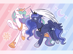 Size: 3464x2598 | Tagged: safe, artist:cao9591791, princess celestia, princess luna, alicorn, pony, g4, cropped, duo, duo female, eyes closed, female, gradient background, looking at each other, looking at someone, mare, outline, patterned background, royal sisters, siblings, sisters, smiling, smiling at each other