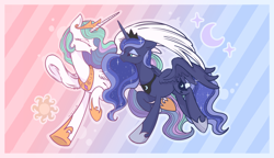 Size: 3800x2182 | Tagged: safe, artist:cao9591791, princess celestia, princess luna, alicorn, pony, g4, duo, duo female, eyes closed, female, gradient background, looking at each other, looking at someone, mare, outline, patterned background, royal sisters, siblings, sisters, smiling, smiling at each other
