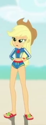 Size: 125x339 | Tagged: safe, edit, edited screencap, screencap, applejack, human, aww... baby turtles, equestria girls, g4, my little pony equestria girls: better together, applejack's beach shorts swimsuit, applejack's hat, clothes, cowboy hat, cropped, female, hat, picture for breezies, sandals, solo, swimsuit