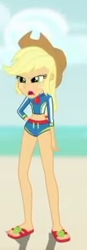 Size: 111x318 | Tagged: safe, edit, edited screencap, screencap, applejack, human, aww... baby turtles, equestria girls, g4, my little pony equestria girls: better together, applejack's beach shorts swimsuit, applejack's hat, clothes, cowboy hat, cropped, female, hat, open mouth, picture for breezies, sandals, solo, swimsuit