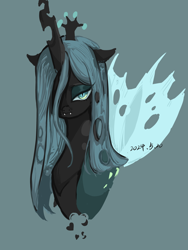 Size: 2598x3464 | Tagged: safe, artist:cao9591791, queen chrysalis, changeling, changeling queen, bust, female, green background, mare, portrait, simple background, solo