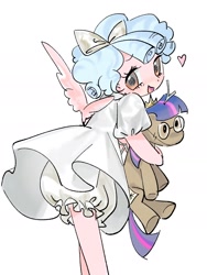 Size: 1600x2133 | Tagged: safe, artist:恶役轮回中, cozy glow, twilight sparkle, pegasus, anthro, g4, bloomers, clothes, cozybetes, cute, dress, female, foal, glasses, heart, hug, open mouth, plushie, simple background, smiling, solo, spread wings, twilight sparkle plushie, white background, wings