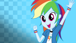 Size: 3840x2160 | Tagged: safe, artist:octosquish7260, rainbow dash, human, equestria girls, g4, my little pony equestria girls: choose your own ending, 4k, alternate clothes, arms, checkered background, clothes, collar, cutie mark on clothes, female, fingers, fist, gradient background, hand, hands in the air, high res, jacket, long hair, open mouth, open smile, shirt, short sleeves, smiling, solo, t-shirt, teenager, teeth, updated, vest, wristband
