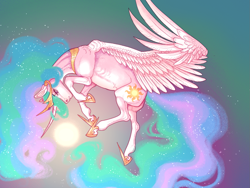 Size: 1333x1000 | Tagged: safe, artist:snowberry, princess celestia, alicorn, pony, g4, abstract background, crown, curved horn, ethereal mane, female, flying, gold, horn, jewelry, mare, multicolored hair, pose, realistic anatomy, realistic horse legs, regalia, sparkles, sun, wings