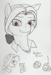 Size: 612x900 | Tagged: safe, artist:pony quarantine, oc, oc only, oc:rentier bliss, earth pony, pony, bits, bow, female, grayscale, hair bow, implied dear darling, mare, monochrome, ponytail, smiling, solo, traditional art
