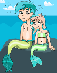 Size: 839x1063 | Tagged: safe, artist:ocean lover, coral currents, sandbar, human, merboy, mermaid, merman, arm on shoulder, bandeau, bare midriff, bare shoulders, belly, belly button, boulder, brother and sister, chest, child, cloud, cute, female, fins, fish tail, friendship student, green eyes, green hair, human coloration, humanized, light skin, looking at each other, looking at someone, male, male and female, mermaid tail, mermaidized, mermanized, mermay, midriff, ms paint, ocean, outdoors, sibling bonding, sibling love, siblings, sitting, sky, sleeveless, smiling, smiling at each other, species swap, tail, tail fin, teenager, two toned hair, water, wave