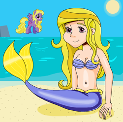 Size: 964x962 | Tagged: safe, artist:ocean lover, lily blossom, human, mermaid, pegasus, g4, bare shoulders, bashful, beach, beautiful, beautiful eyes, belly, belly button, blonde, bra, chest, clothes, cloud, curvy, cute, fins, fish tail, graceful, happy, hourglass figure, human coloration, humanized, light skin, long hair, looking at you, mermaid tail, mermaidized, mermay, midriff, ms paint, ocean, outdoors, pretty, purple eyes, sand, seashell, seashell bra, sitting, sky, sleeveless, smiling, smiling at you, species swap, sun, tail, tail fin, underwear, water, wave