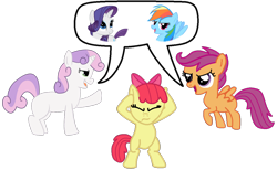 Size: 1180x726 | Tagged: safe, artist:princess-paige-place-of-fun, apple bloom, rainbow dash, rarity, scootaloo, sweetie belle, earth pony, pegasus, pony, unicorn, g4, argument, bipedal, bow, covering ears, cutie mark crusaders, debate, hair bow, horn, looking at each other, looking at someone, raised hoof, simple background, smiling, spread wings, transparent background, wings