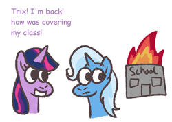Size: 1411x1005 | Tagged: safe, artist:zoeyhorse, trixie, twilight sparkle, alicorn, pony, unicorn, burning, bust, dialogue, duo, duo female, female, horn, mare, open mouth, open smile, school, simple background, smiling, this ended in fire, twilight sparkle (alicorn), white background