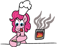 Size: 1808x1446 | Tagged: safe, artist:zoeyhorse, pinkie pie, earth pony, pony, bowl, bust, chef's hat, female, fire, hat, hoof hold, mare, mixing bowl, oven, simple background, smoke, solo, tongue out, white background