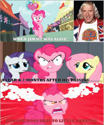 Size: 532x637 | Tagged: safe, fluttershy, pinkie pie, rarity, earth pony, human, pegasus, unicorn, g4, inspiration manifestation, season 2, season 4, the last roundup, angry, context in description, female, horn, irl, jim'll fix it, jimmy savile, mare, photo, pinkie promise