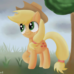 Size: 2500x2500 | Tagged: safe, artist:13light, applejack, earth pony, pony, female, fog, mare, smiling, solo, standing, tree