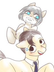Size: 1500x2000 | Tagged: safe, artist:moshuijiumu, earth pony, pony, blue eyes, brown hair, duo, duo male, grey hair, male, necktie, open mouth, open smile, ponified, raised hoof, smiling, solo, teeth