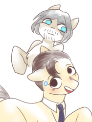 Size: 1500x2000 | Tagged: safe, artist:moshuijiumu, earth pony, pony, blue eyes, brown hair, detroit: become human, duo, duo male, grey hair, male, necktie, open mouth, open smile, ponified, raised hoof, simple background, smiling, teeth, white background