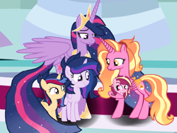Size: 1960x1472 | Tagged: safe, artist:galaxynightsparkle, luster dawn, twilight sparkle, oc, oc:galaxy night sparkle, oc:magic star sentry, oc:violet star, alicorn, pony, unicorn, g4, alicornified, baby, base used, concave belly, female, filly, foal, group, height difference, horn, lustercorn, mare, mother and child, mother and daughter, offspring, older, older luster dawn, older twilight, older twilight sparkle (alicorn), parent:flash sentry, parent:luster dawn, parent:starlight glimmer, parent:sunburst, parent:twilight sparkle, parents:flashlight, parents:starburst, physique difference, princess twilight 2.0, race swap, slender, tall, teenager, thin, twilight sparkle (alicorn)