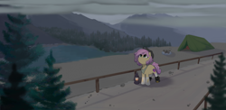 Size: 4817x2343 | Tagged: safe, artist:inkp0ne, oc, oc:quickdraw, earth pony, pony, backpack, boots, campfire, camping, cloud, cloudy, coat markings, commissioner:dhs, cowboy hat, detailed background, forest, freckles, handkerchief, hat, hiking, lantern, mountain, nature, railing, river, sad, shoes, socks (coat markings), spurs, tent, trail, tree, water