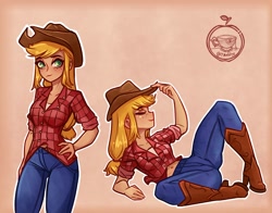 Size: 2290x1799 | Tagged: safe, artist:tmaldigo, applejack, human, g4, abs, belly button, boots, clothes, cowboy boots, denim, eyes closed, female, hand on hip, humanized, jeans, midriff, outline, pants, shoes, smiling, solo, white outline