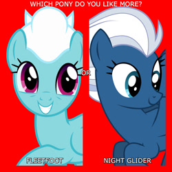 Size: 1080x1080 | Tagged: safe, artist:alicornoverlord, artist:sollace, edit, editor:jaredking779, fleetfoot, night glider, pegasus, pony, g4, duo, duo female, female, mare, question, red background, simple background