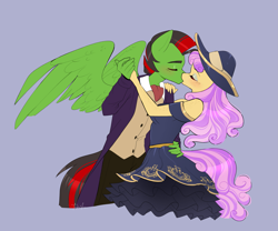 Size: 2591x2160 | Tagged: safe, artist:tomi_ouo, oc, oc only, oc:lightning weather, oc:quickdraw, pegasus, anthro, arm freckles, blushing, clothes, commissioner:dhs, dancing, dress, duo, duo male and female, eyeshadow, female, freckles, frilly dress, hat, kiss on the lips, kissing, makeup, male, necktie, shoulder freckles, suit, tuxedo