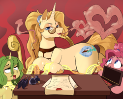 Size: 4200x3400 | Tagged: safe, artist:slimewiz, oc, oc:smoky citrine, pony, unicorn, big mare, blowing smoke, box, cigar, cigarette, clothes, collar, commissioner:dhs, concerned, confident, contract, couch, drugs, ear piercing, earring, feather, glasses, hair tie, heart, horn, ink, intimidating, jewelry, long hair, looking at you, lounging, magic, pen, piercing, smoke, table, unnamed character, unnamed pony, wax