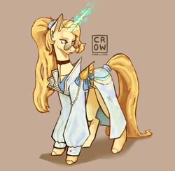 Size: 2784x2713 | Tagged: safe, artist:fungi_crow, oc, oc:smoky citrine, unicorn, clothes, commissioner:dhs, ear piercing, earring, fancy, glasses, gold, hair tie, horn, jacket, jewelry, long hair, magic, magic aura, piercing, ponytail, tail tie