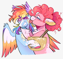 Size: 1246x1161 | Tagged: safe, artist:wanderingpegasus, pinkie pie, rainbow dash, earth pony, pegasus, pony, g4, batter, blaze (coat marking), blushing, bowl, chest fluff, coat markings, colored ears, colored wings, duo, duo female, ear fluff, eyebrows, eyebrows visible through hair, face licking, facial markings, female, food, lesbian, licking, mare, multicolored wings, rainbow wings, ship:pinkiedash, shipping, simple background, smiling, socks (coat markings), spoon, sprinkles in hair, unshorn fetlocks, white background, wings