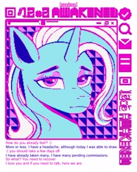 Size: 2400x3000 | Tagged: safe, artist:poxy_boxy, trixie, pony, unicorn, g4, bust, female, frown, horn, lidded eyes, limited palette, looking at you, mare, solo, text