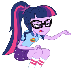Size: 2116x2013 | Tagged: safe, artist:sketchmcreations, sci-twi, twilight sparkle, human, equestria girls, g4, my little pony equestria girls: legend of everfree, camp everfree outfits, clothes, female, lidded eyes, open mouth, raised arm, shirt, shorts, simple background, sitting, socks, transparent background, vector